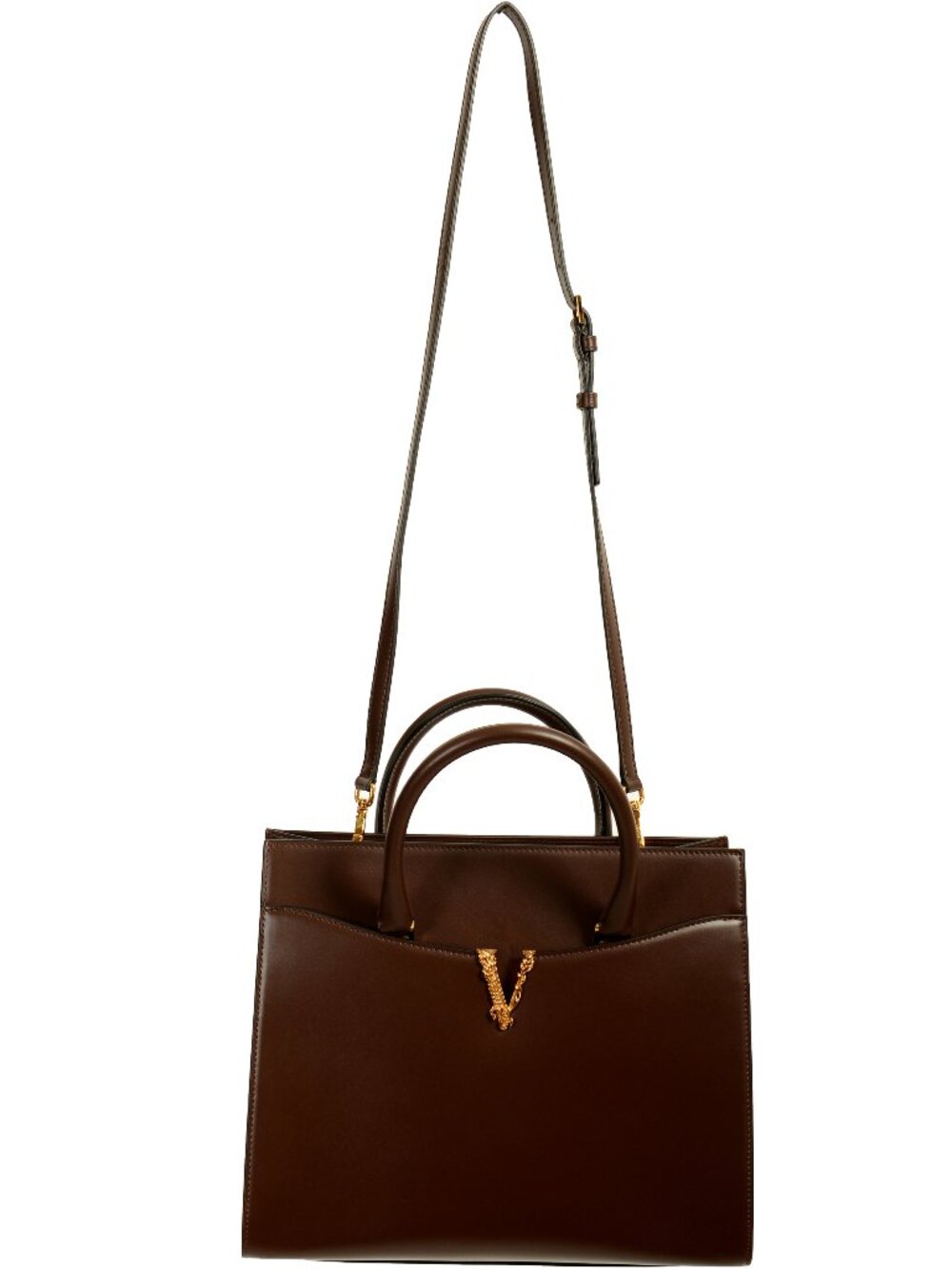 Versace Women's Chocolate Brown Leather Gold V Logo Satchel Handbag Shoulder Bag